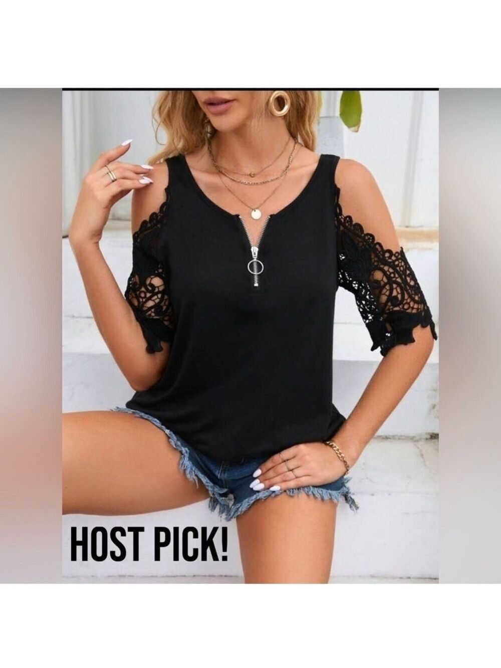 Black Guipure Lace Cold Shoulder Top Quarter Zip Front